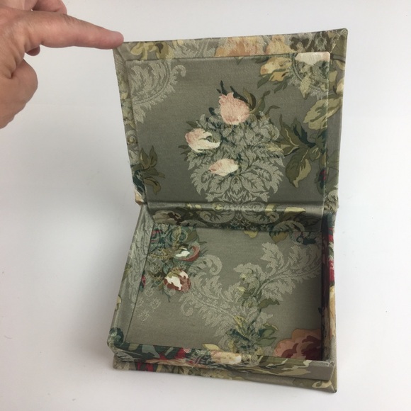 Floral Jacquard Fabric Covered Box Green Ivory Roses Book - Picture 5 of 11